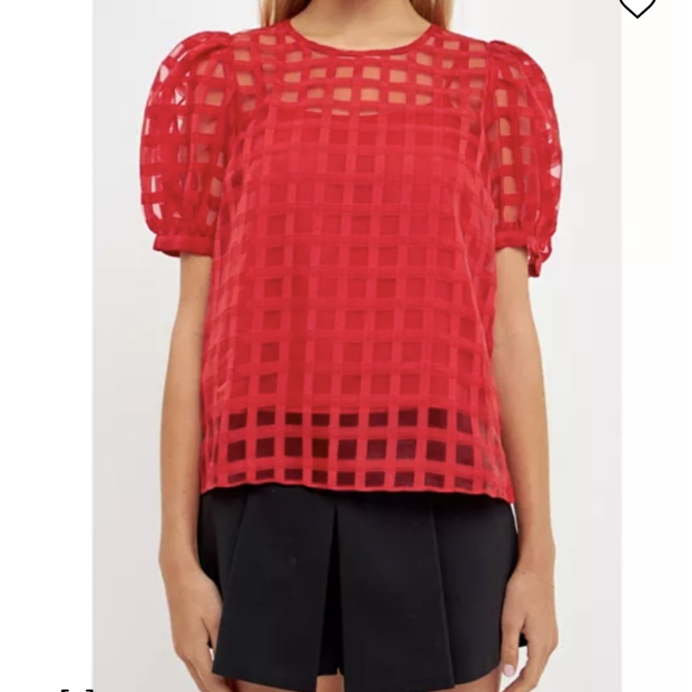 English Factory Red Plaid Sheer Puff Sleeve Top